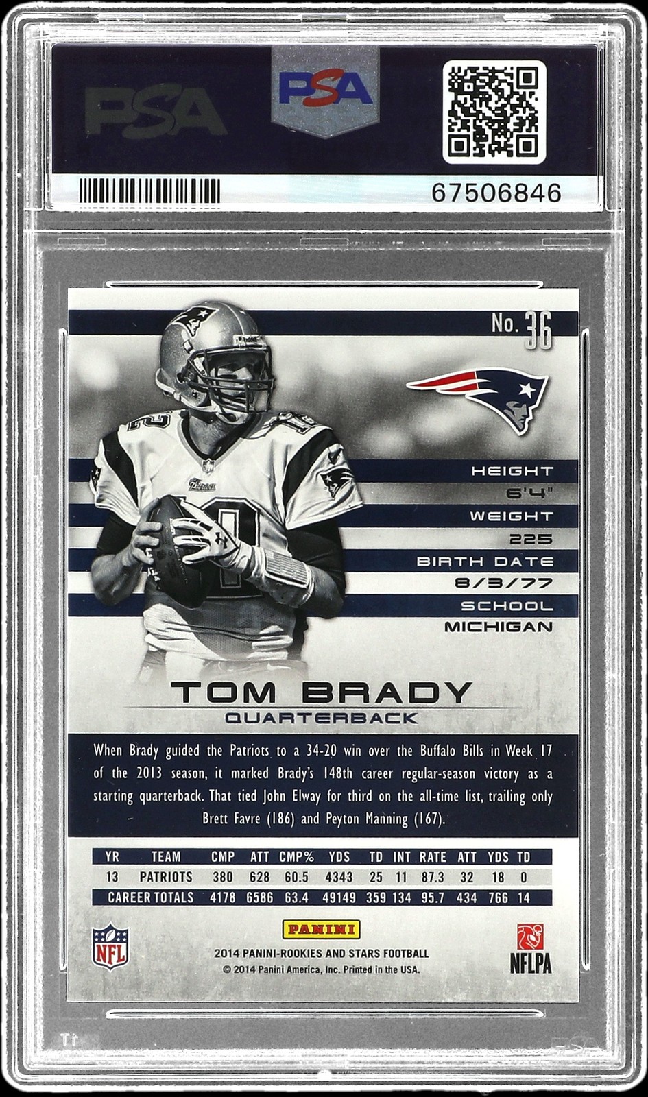 2014 PANINI ROOKIES & STARS LONGEVITY SAPPHIRE #36 TOM BRADY 20/25 PSA 8 view 2