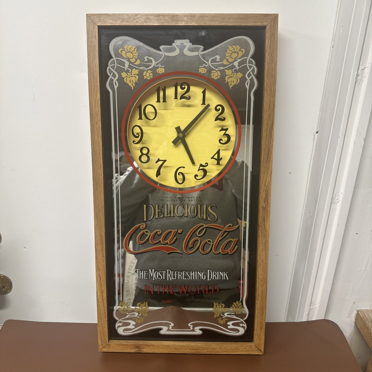 Vintage Coca Cola Mirrored Wall Clock Wood 25x13 Battery Powered