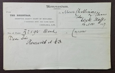 1897 Brompton County Court of Middlesex Whitehead s Grove Chelsea Memorandum