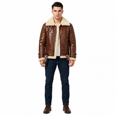 Mens B3 Bomber USAF Brown Pilot Aviator Real Sheepskin Shearling Leather Jacket