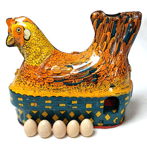 Antique Baldwin Tin Litho Hen Clucking Hen with 5 Eggs Windup Egg Laying Toy