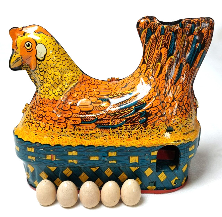 Antique Baldwin Tin Litho Hen Clucking Hen with 5 Eggs Windup Egg Laying Toy