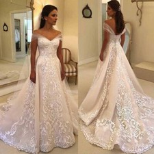 Vintage A-Line Wedding Dresses V-Neck Off Shoulder Lace Sweep Train Bridal Gowns