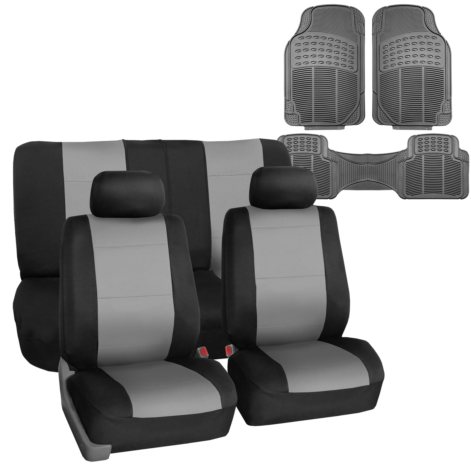 Neoprene Car Seat Cover Gray Black Combo w/ Gray Floor Mats for Auto