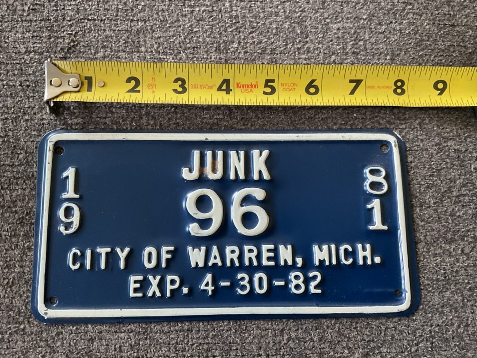 Nice Michigan 1981 WARREN JUNK license Plate Original paint RARE | eBay