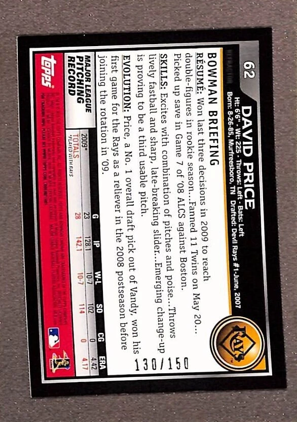 2010 Bowman Chrome Blue Refractor #62 David Price /150 - Image 2 of 3