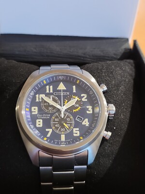 Citizen Men's Watch AT2480-57L Eco Drive Chronograph Blue Dial Titanium Pilot