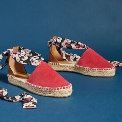Anthropologie Vivienne Scarf Suede Espadrilles Red Floral Size 9