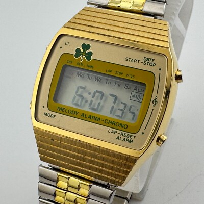 VTG Athlon Quartz Watch Men Gold Tone Digital Melody Alarm