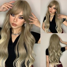 Dark Brown Blonde Ombre Long Wavy Wigs with Bangs for Women Cosplay Daily Party