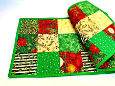Handmade Patchwork Table Runner For Christmas  with Poinsettias L 35" x W 12"