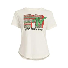 MTV Women's Junior's Cream T-Shirt Christmas Themed XS No Tags