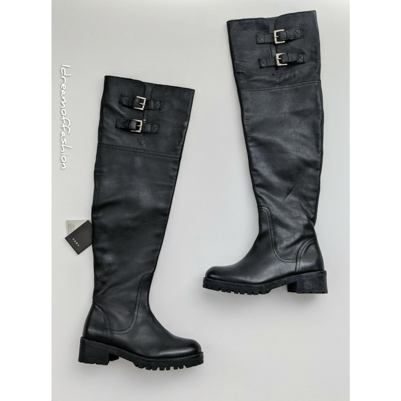 SAOLA Stivali piatti sopra il ginocchio Zara in pelle nera con suola pista e fibbie taglia 5