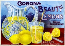 Corona Riverside County Beauty Lemon Citrus Fruit Crate Label Vintage Art Print