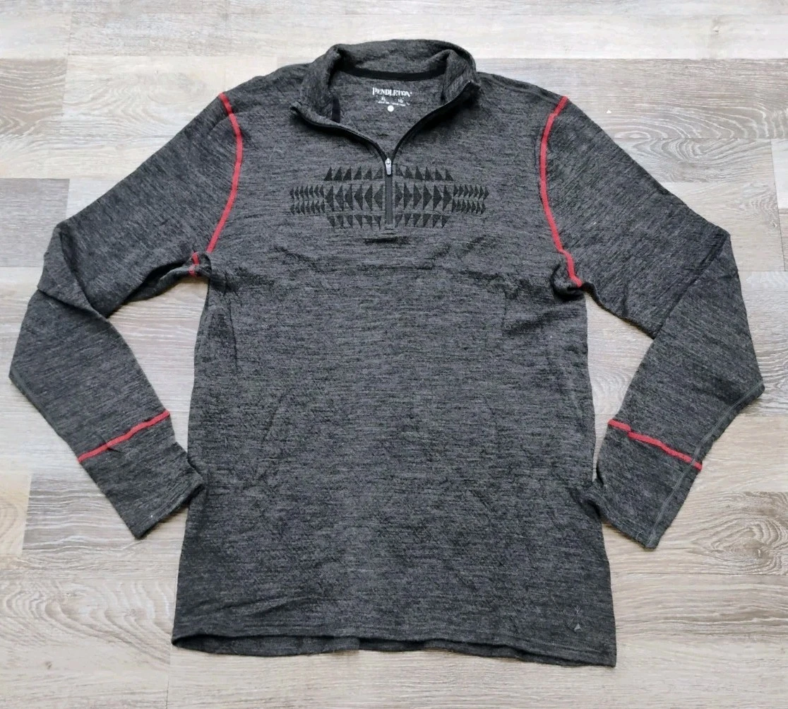 Pendleton Shirt Mens XL Charcoal Red Aztec Merino Wool Base Layer Aztec 1/4 Zip