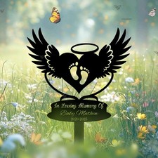 Custom Baby Loss Memorial Stake Heart Wings, Personalized Garden Memorial Decor