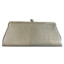 Vintage Champagne Gold Shimmer Frame Clutch Pearl Clasp Evening Bag Metallic