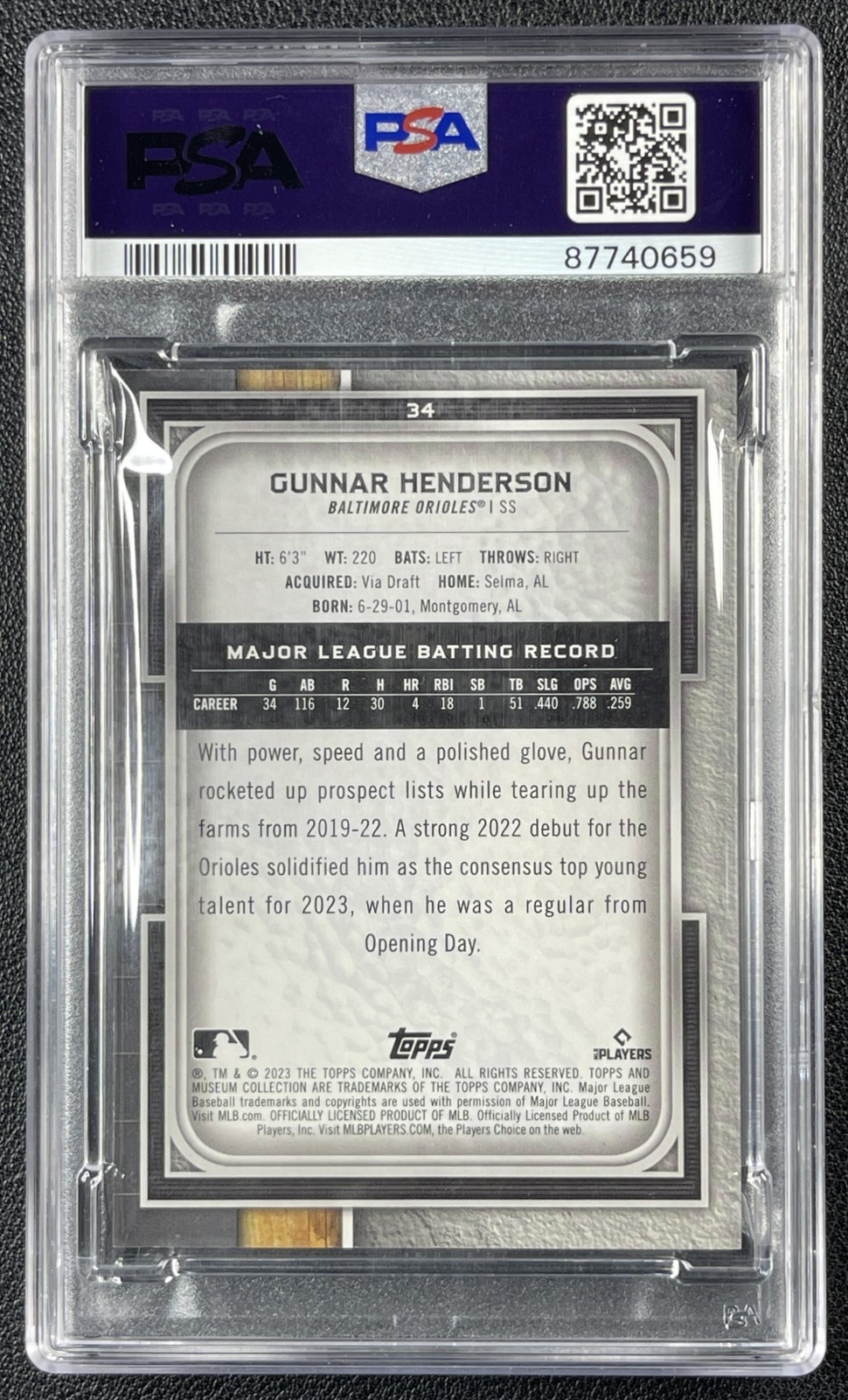 GUNNAR HENDERSON PSA 9 2023 TOPPS MUSEUM COLL #34 ROOKIE GOLD RC 14/299 ORIOLES view 2