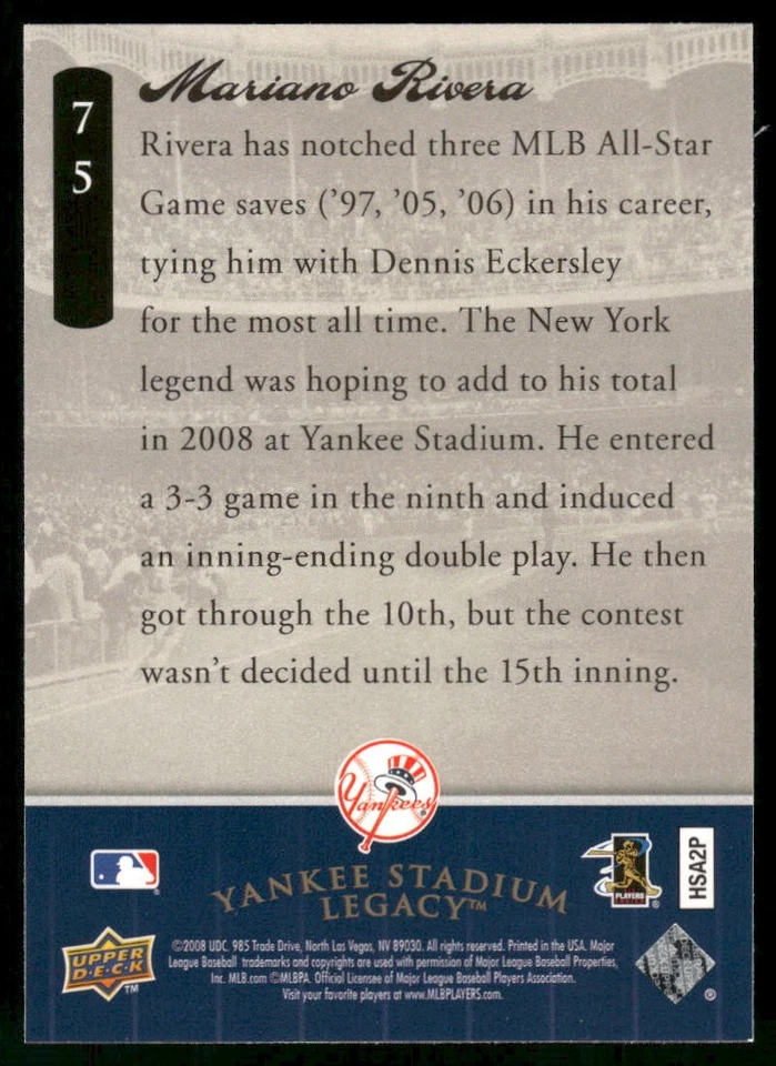 Mariano Rivera 2008 Upper Deck Yankee Stadium Legacy Final Season Yankees #75 NM - Image 2 of 2