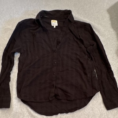 C&C California Women s Black Solid Cotton button-Down Long Sleeve Shirt L