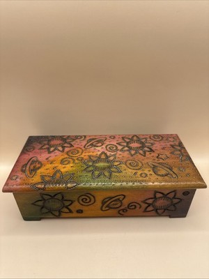 Vtg Poland Wood Trinket Box Painted Etched Carved Stars Planets Sunflowers Hinge