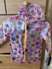 HUNTER GIRLS TRANSPARENT HOODED RAIN COAT, RED FLORAL, NWT, 4