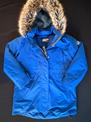 Lands’ End Women’s Expedition Down Waterproof Winter Parka M Blue Faux Fur Hood image 9
