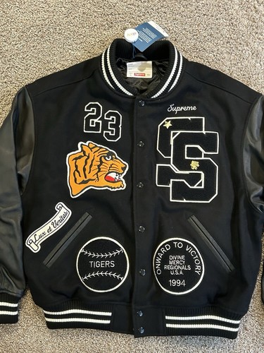 supreme tiger varsity jacket wool leather fw23 size large black new unworn
