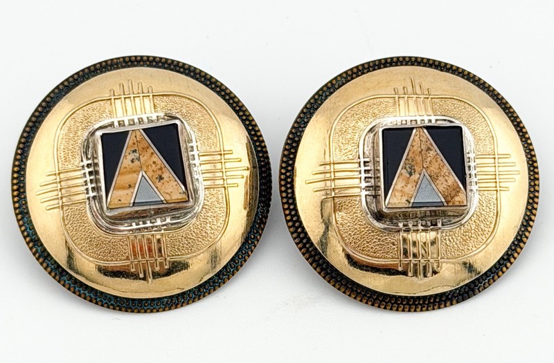 Tabra Sterling Brass & 14K Gold Round Disc Mosaic Pyramid Pierced Earrings