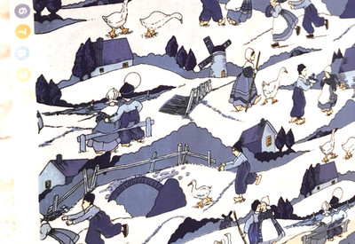 Rose & Hubble Delft Blue and White Dutch Children Windmills Geese 1/2 yard