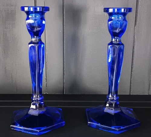 Pair Of 2 Vintage Fenton Cobalt Blue Taper  Candlestick Holders 8.5" Tall.