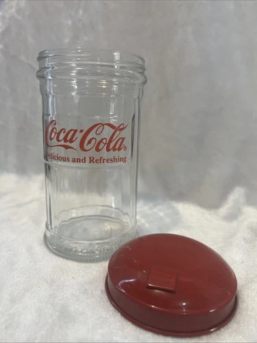 Vintage Coca-Cola Ribbed Glass Sugar Jar Red Metal Pour Spout Lid 1992