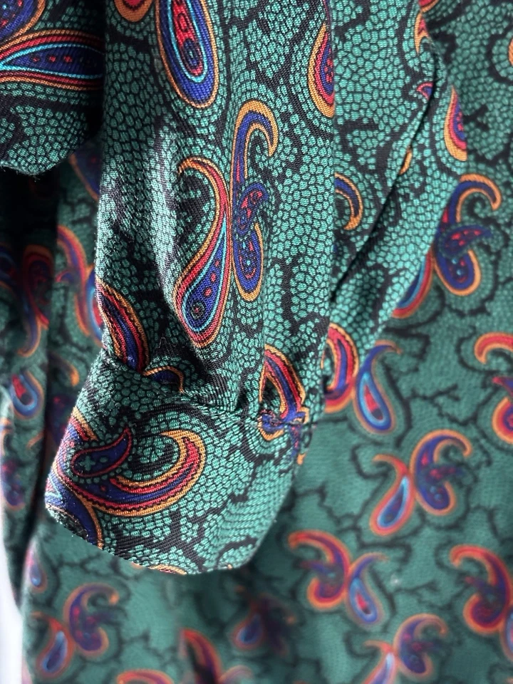 Neiman Marcus  Long Sleeve Dress Women's 10 Green Black Paisley Retro 80s READ - Image 4 of 4