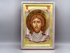 Cristo dipinto a mano con fondo foglia oro e cornice argento 925 misura cm.21x29