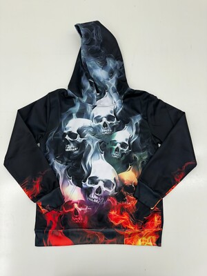Shein Black Flame Skull Graphic Print Pullover Hoodie Mens Size