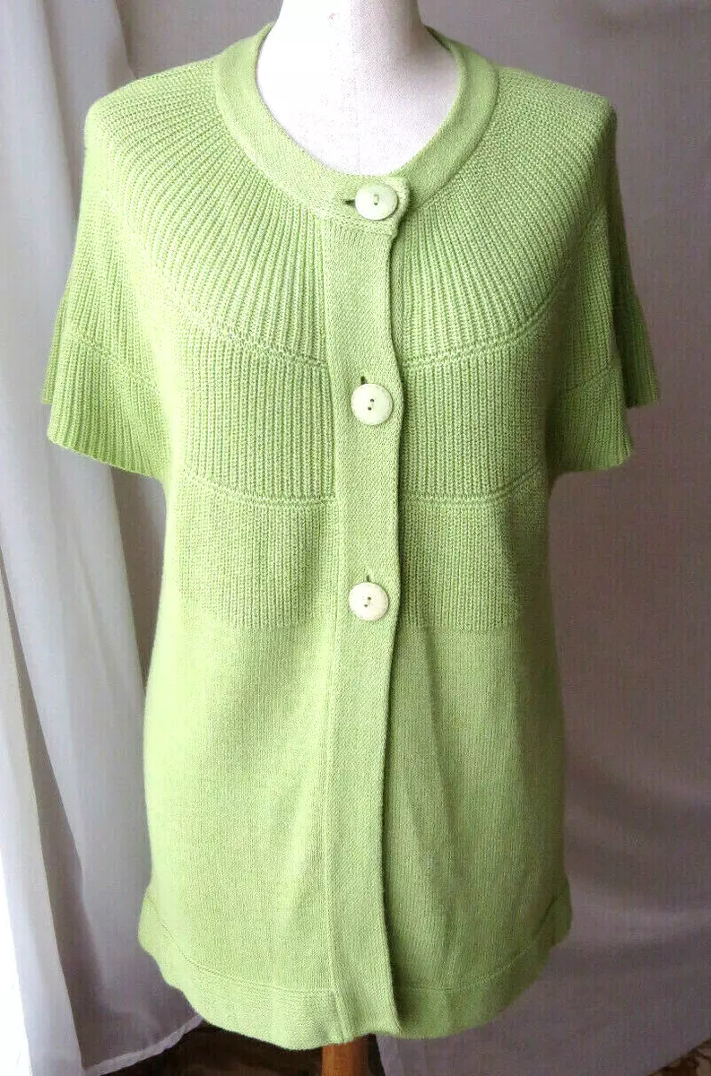 FEVER CARDIGAN BUTTON FRONT 100% COTTON SWEATER SHORT SLV LIME GREEN SOFT L  TOP