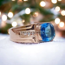 Aquamarine Cushion Cut With 925 Sterling Silver Gold Plated Ring For Men's #145