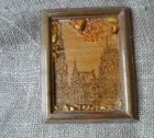 Vintage Souvenir Riga Picture burned on wood Plaque w/ Natural Baltic Amber gems