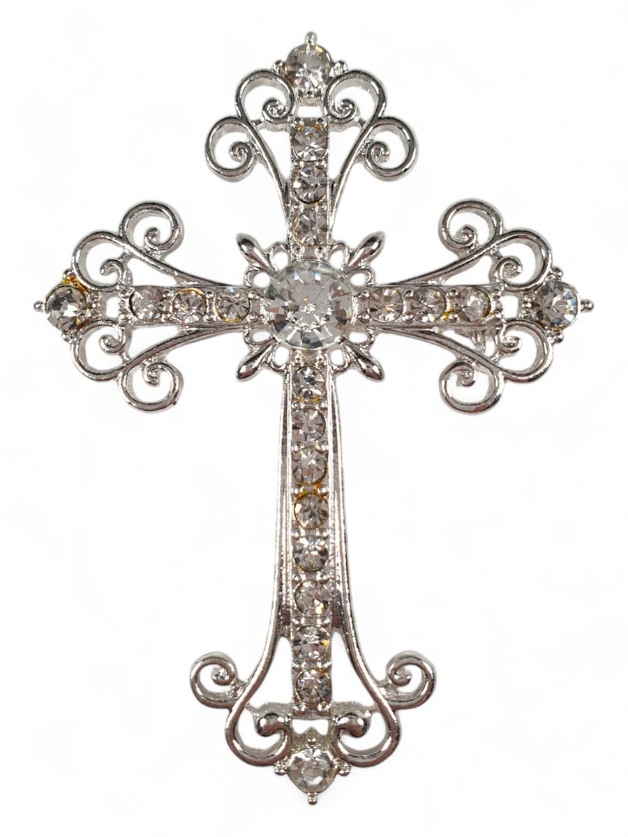 Silver Tone Clear Rhinestone Elegant Cross Brooch Pin 3/4