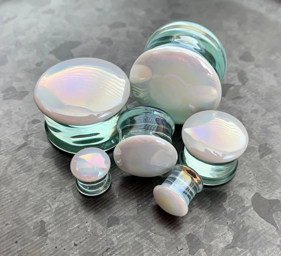 PAR de tapones de doble llamarada de vidrio Pyrex blanco perla aurora boreal pyrex túneles medidores Foto 2 de 4