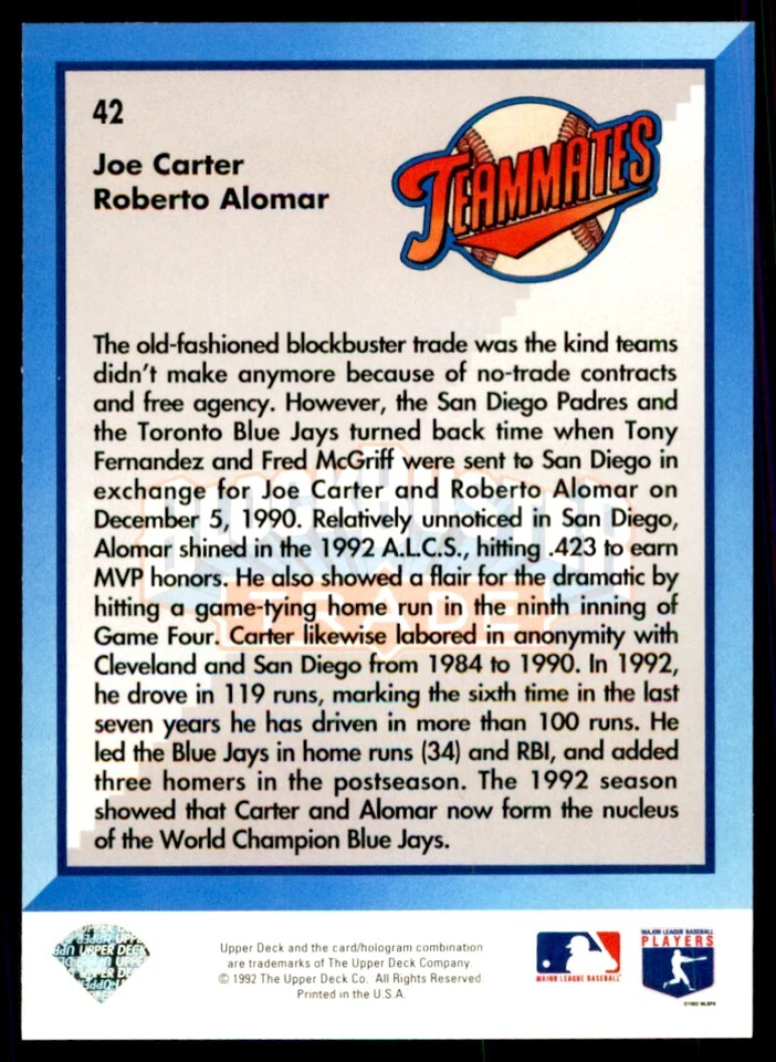1993 Upper Deck: Roberto Alomar/Joe Carter Baseball Cards #42 - Image 2 of 2