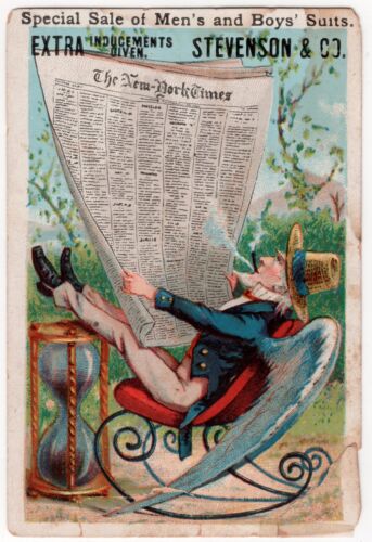 Men's Boys & GAR Suits Vintage Trade Card UNCLE SAM in Rocker w/ NEW YORK TIMES! - Picture 1 of 2