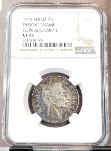 1915 SERBIA SILVER 2 DINARA DESIGNER NAME COIN ALIGNMENT NGC VF 35 NICE COIN
