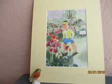 vintage illustration of boy in tulip garden by Frances Ingersoll 1947