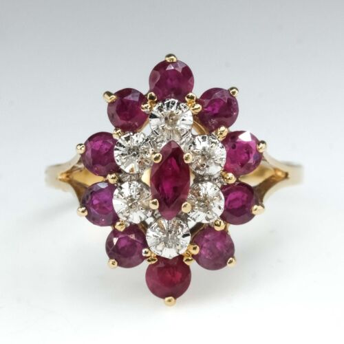 Vintage Ruby and Diamond Accents Cocktail Ring in 14K Yellow Gold B572