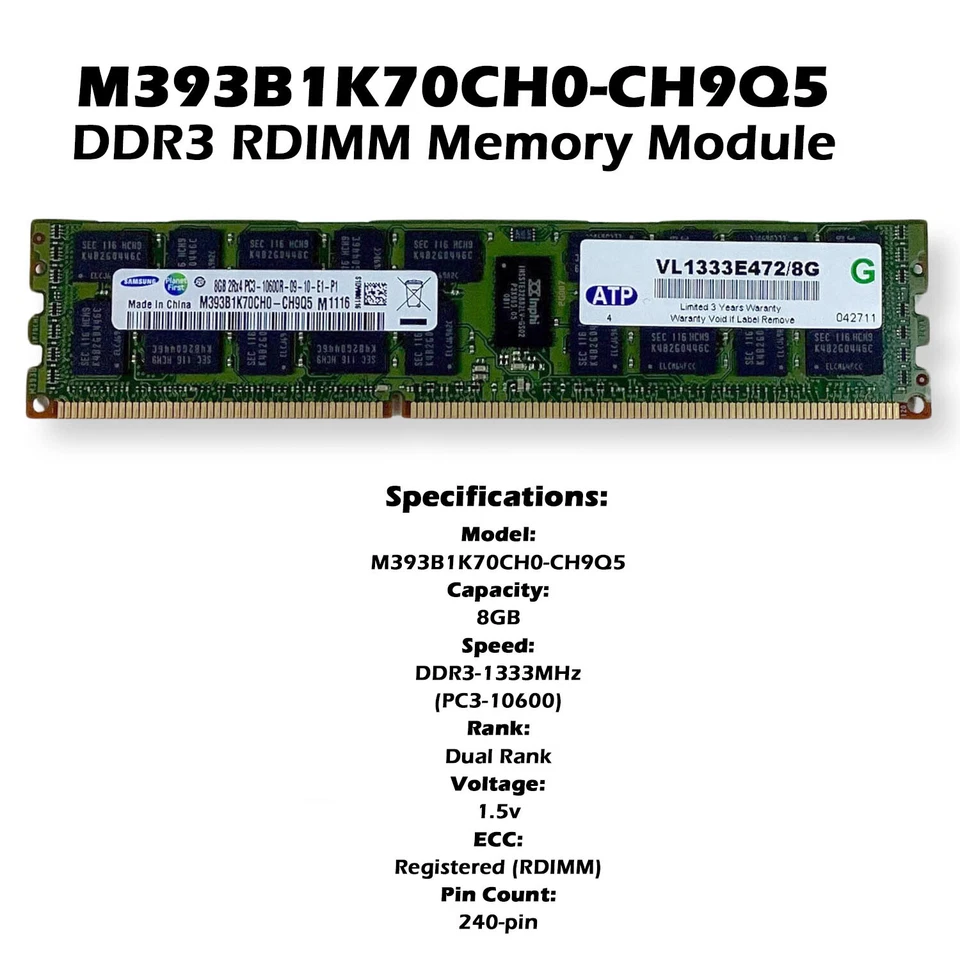 Samsung M393B1K70CH0-CH9Q5 8GB DDR3 1333Mhz PC3-10600 Server RAM ECC XG2VK - Image 2 of 4