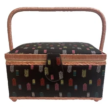 Easy Home Sewing Box Basket Black Pink Fabric Covered w Tray Insert NWT