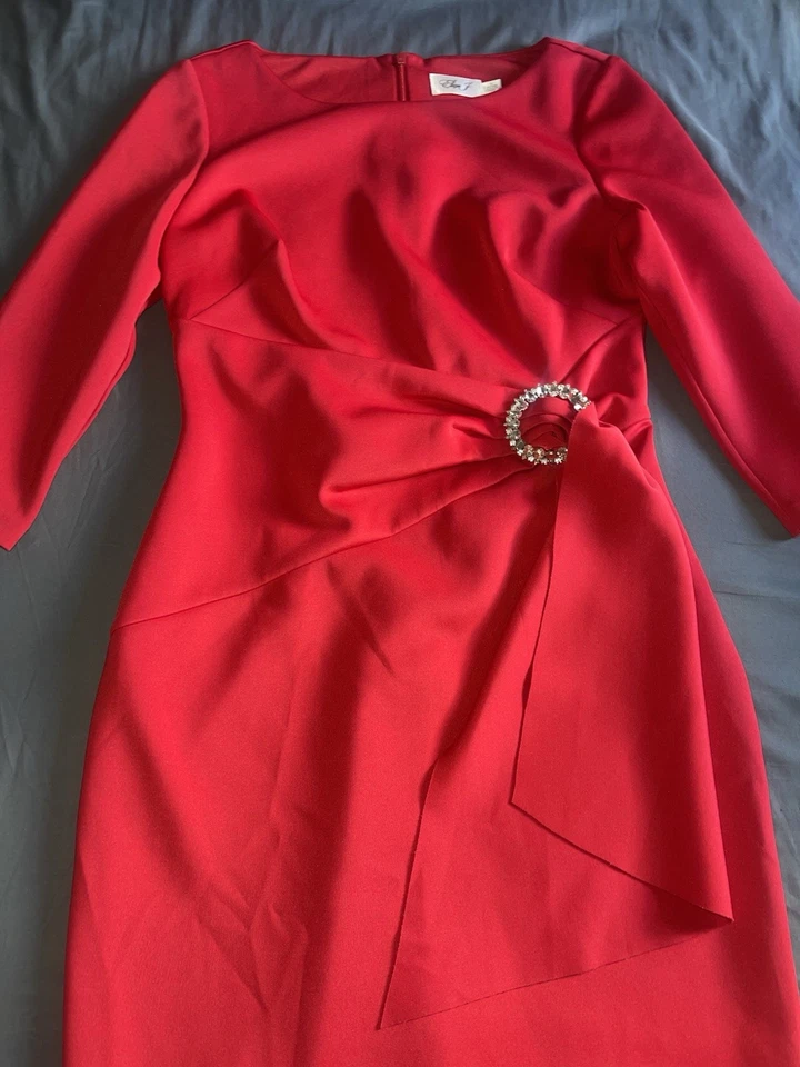 Eliza J Dress Womens 12 Red 3/4 Sleeve Rhinestone Detail Sheath Cocktail Elegant - Image 2 of 4