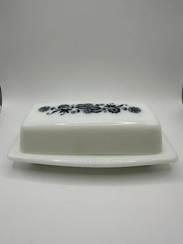 Pyrex Vintage Floral Dark Blue Onion-Covered Butter Dish Milk Glass Excellent