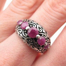 925 Sterling Silver Vintage Real Round-Cut Ruby Swirl Oxidized Ring Size 7